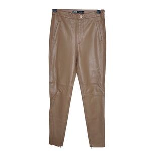 Zara Tan Brown Vegan Faux Leather Pants Leggings Ankle Zipper High Rise Size XS